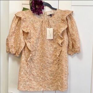 Women’s Short Puff Sleeve Top W/Ruffle Edge Accent Floral Print Sz SML NEW!